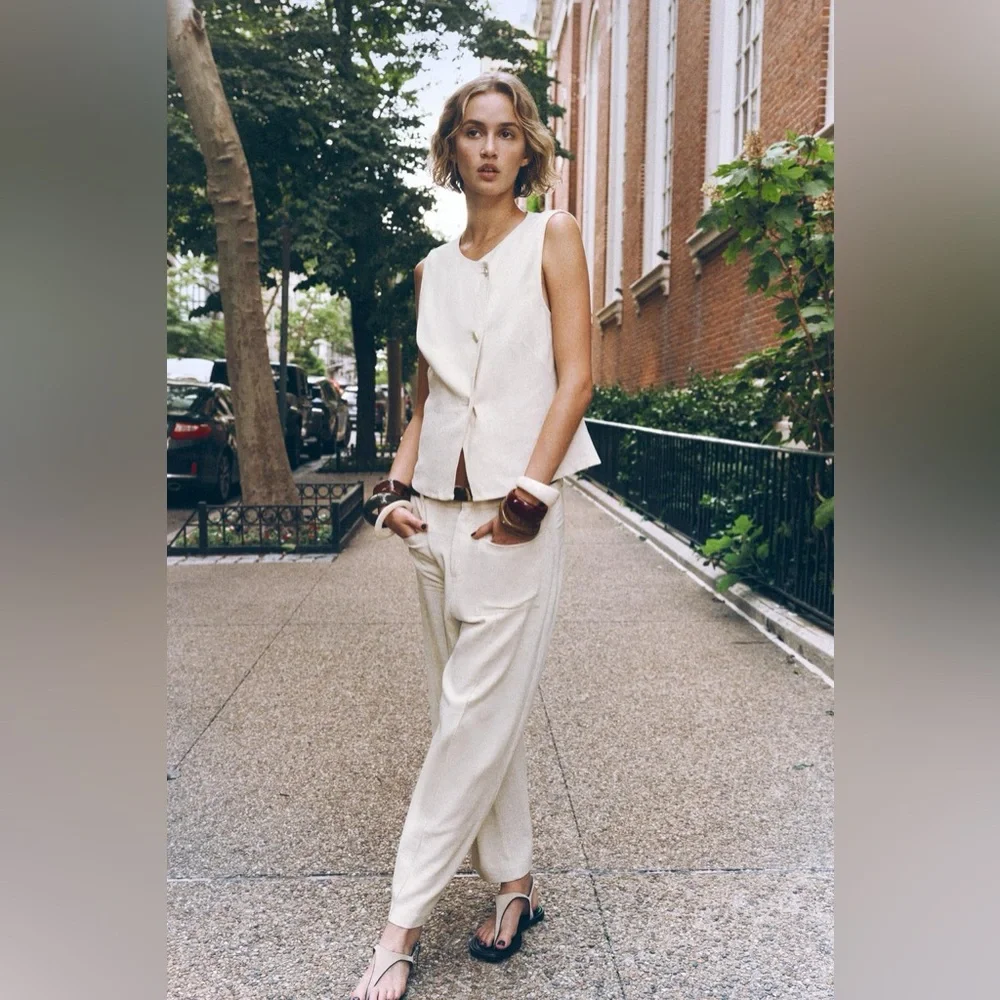 ZARA Linen blend belted ankle pants, new XL